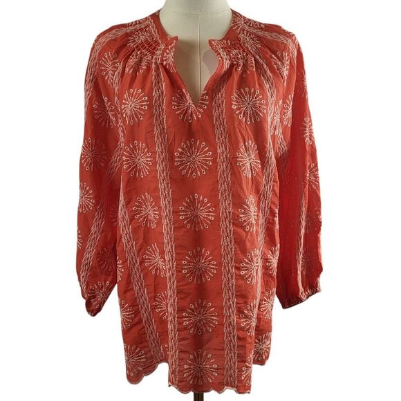 NEW Easel Small Red Tunic Blouse All Cotton Pullover White Eyelet Smocked BOHO - Picture 5 of 15